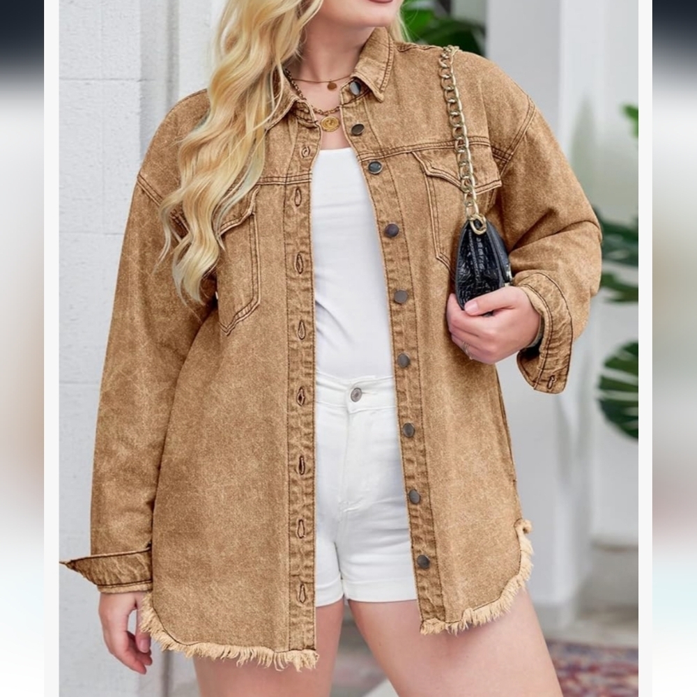 Women’s Tan Washed Utility Jacket - Casual Shacket